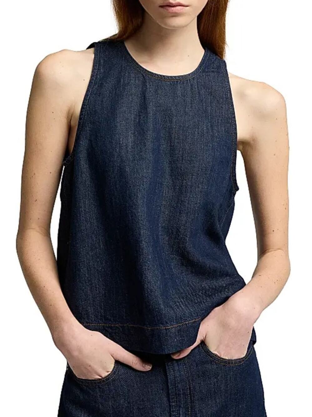7 FOR ALL MANKIND Sleeveless Denim Top Medium Blueberry Cotton Linen NWT
